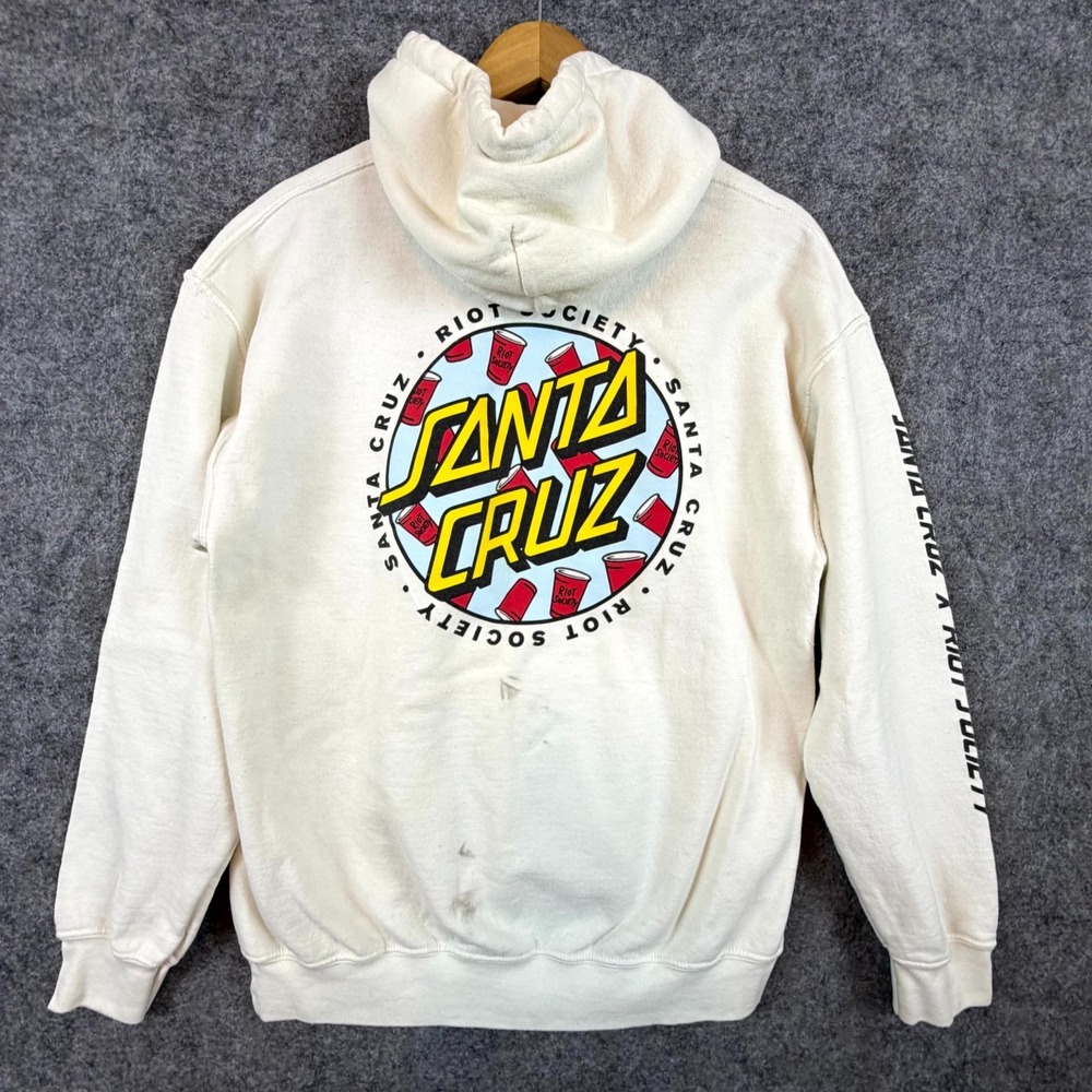 Riot Society Hoodie Mens Medium Cream Red Solo Cup Y2K Spellout Logo Skater